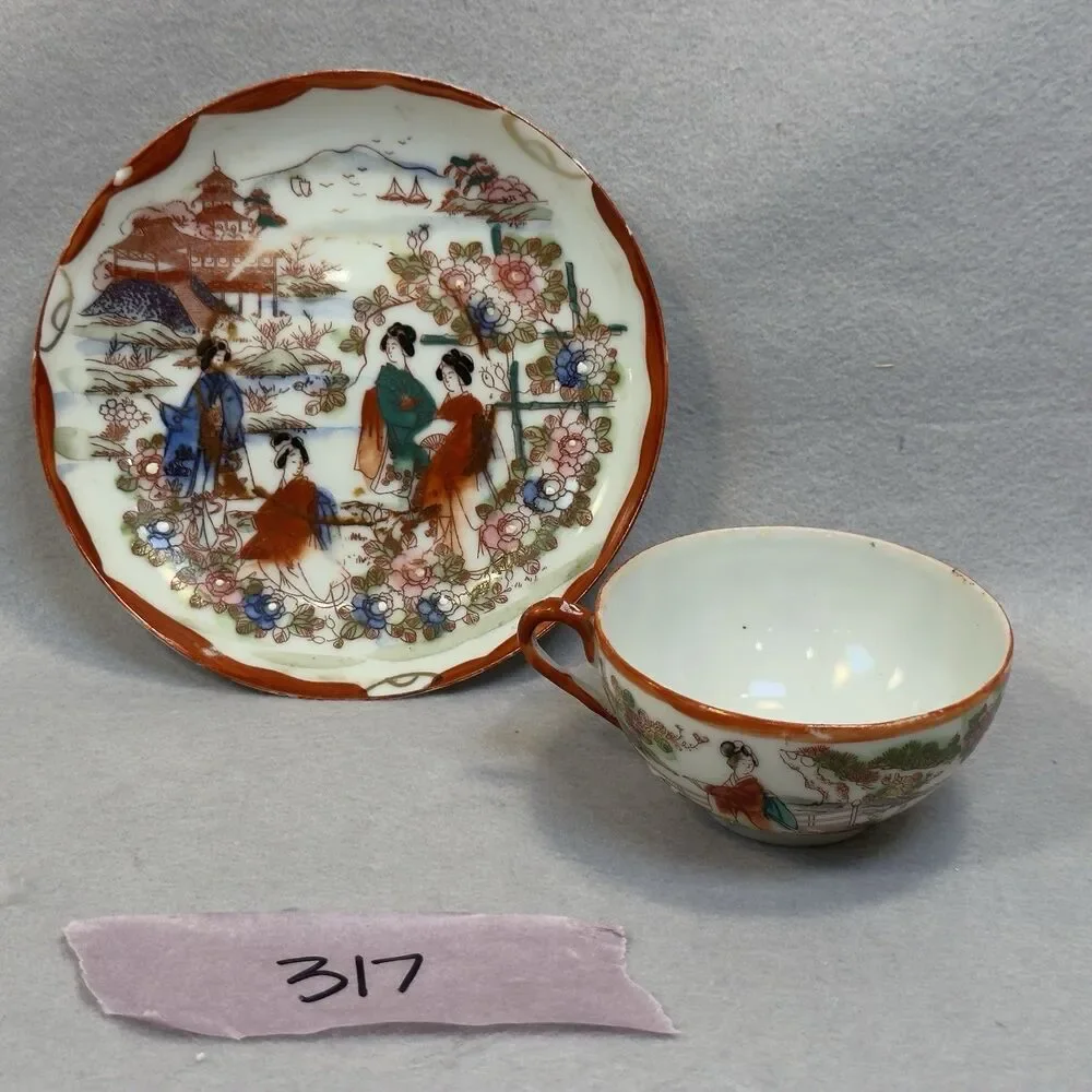 Vintage Japanese Eggshell Porcelain Geisha Pagoda Tea Cup Saucer Orange Red